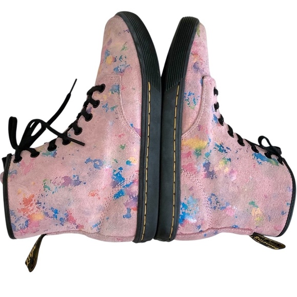 DR MARTENS Sheridan Confetti Suede Combat Ankle Boots Pink Rainbow Burst - Picture 9 of 13
